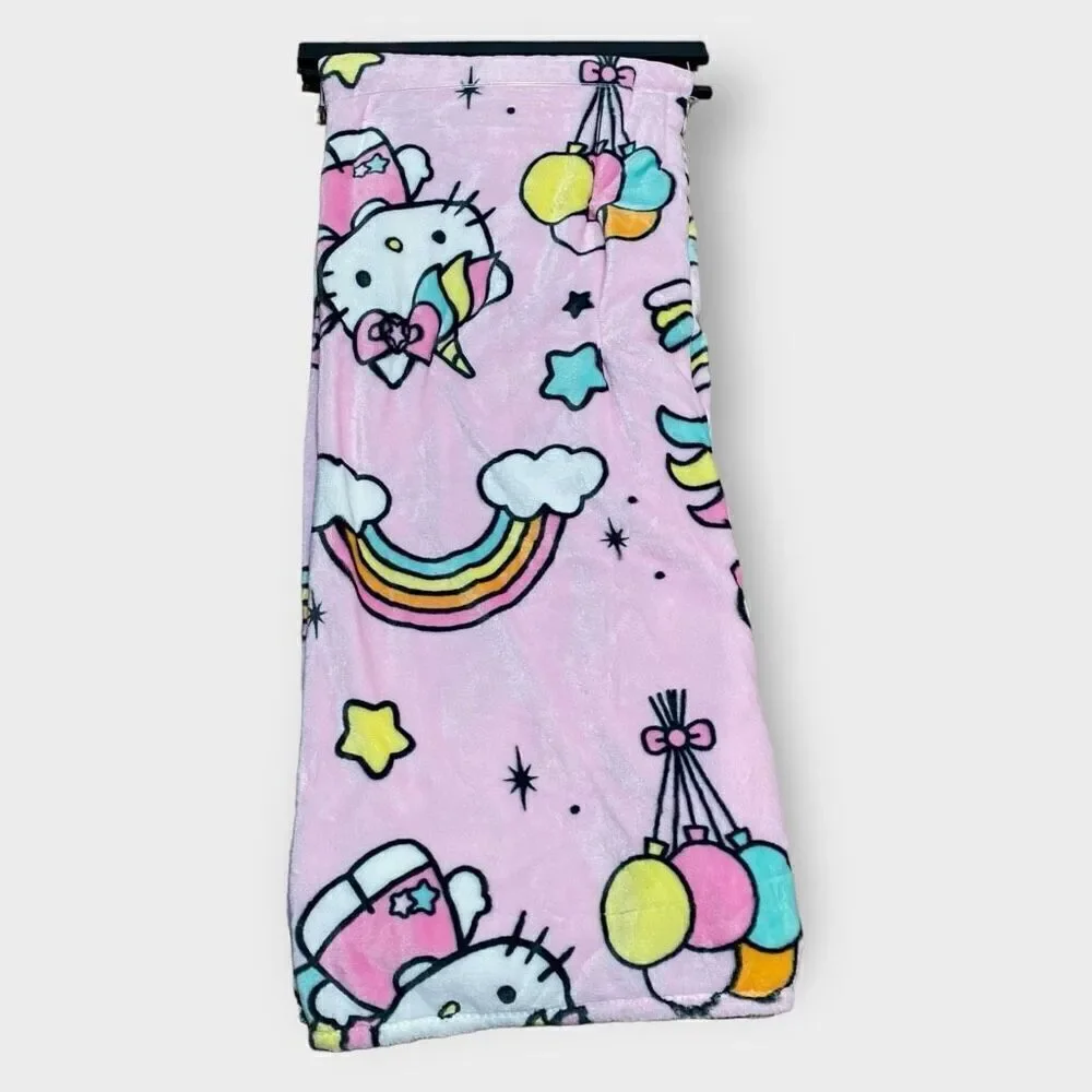 Hello Kitty Pink Unicorn Plush Throw Blanket 50”x70” Cloud Balloons Rainbows (a)